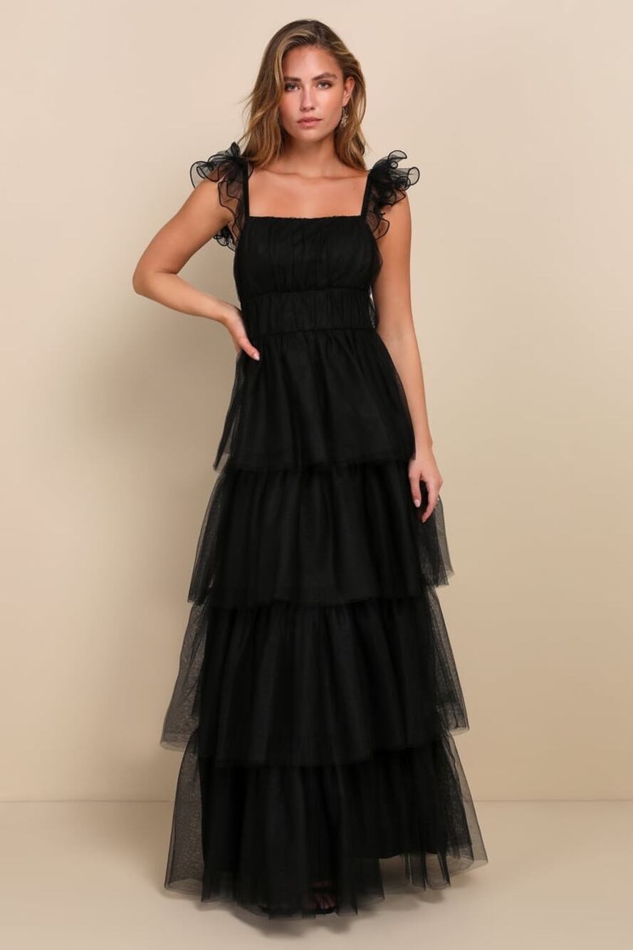 Lulus Tulle For Love Black Mesh Tulle Tiered Ruffled Maxi Dress Size Medium